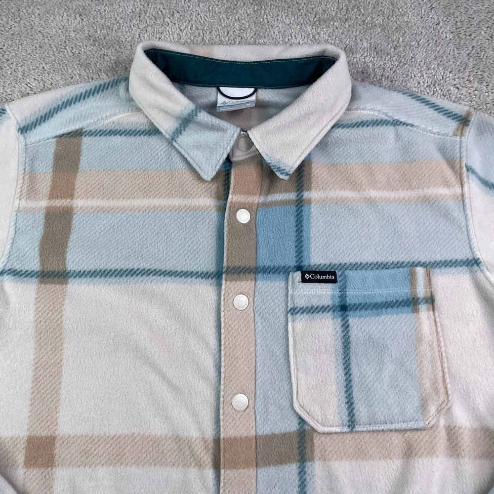 Columbia Shirt Mens Medium Blue Tan Plaid Steens Mountain Fleece Snap Shacket